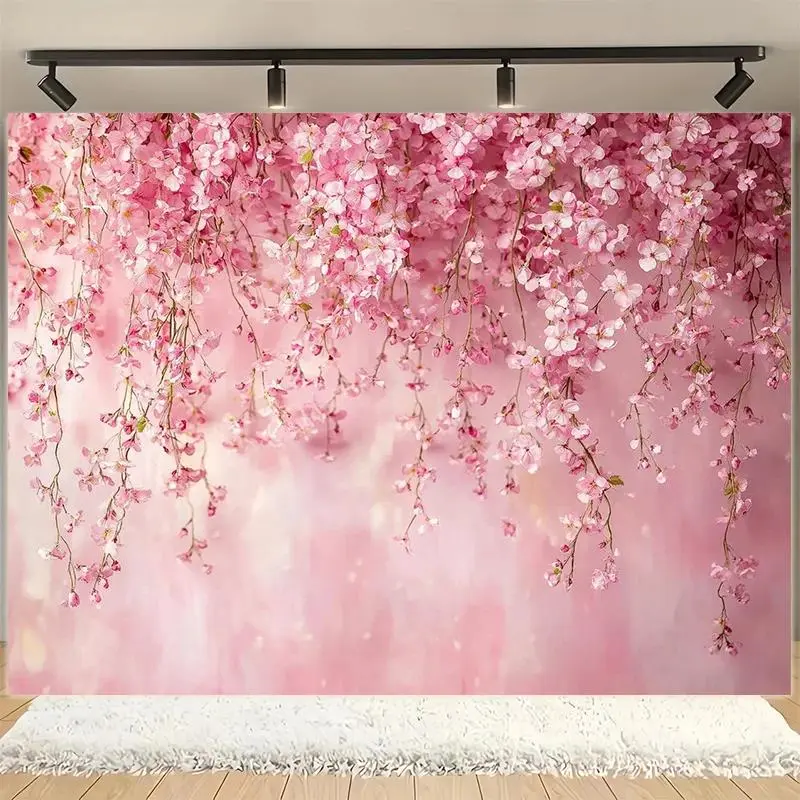 Elegant Cherry Blossom Pink Backdrop Sakura Floral Theme Tapestry Wall Hanging Polyester Photography Background Wedding Party Studio Live Streaming Decor Romantic Prop Banner Gift