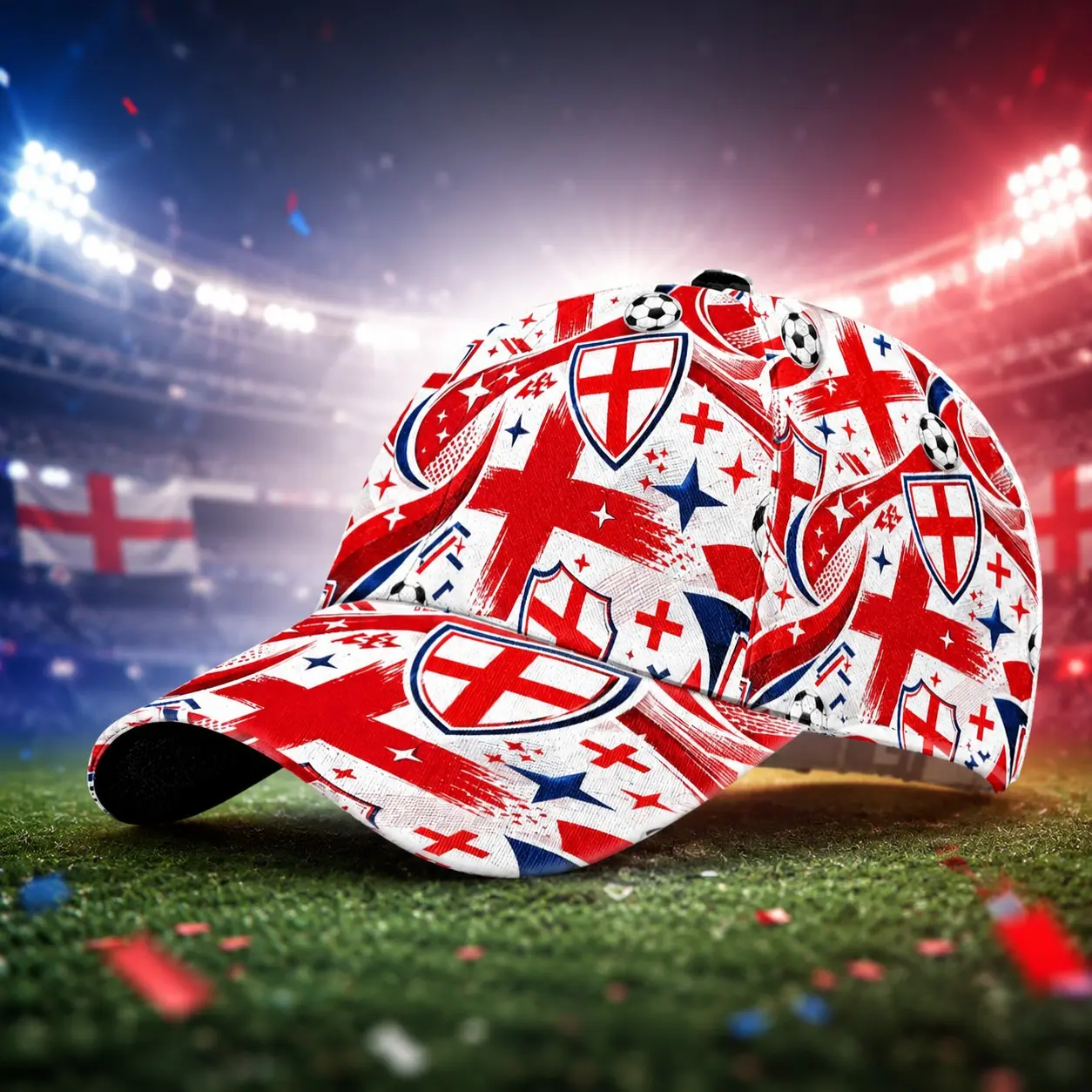 1PC England Soccer Print Baseball Cap - Red White Blue St George's Cross Pattern Adjustable Sun Hat, Unisex Casual Cap for Football Fans