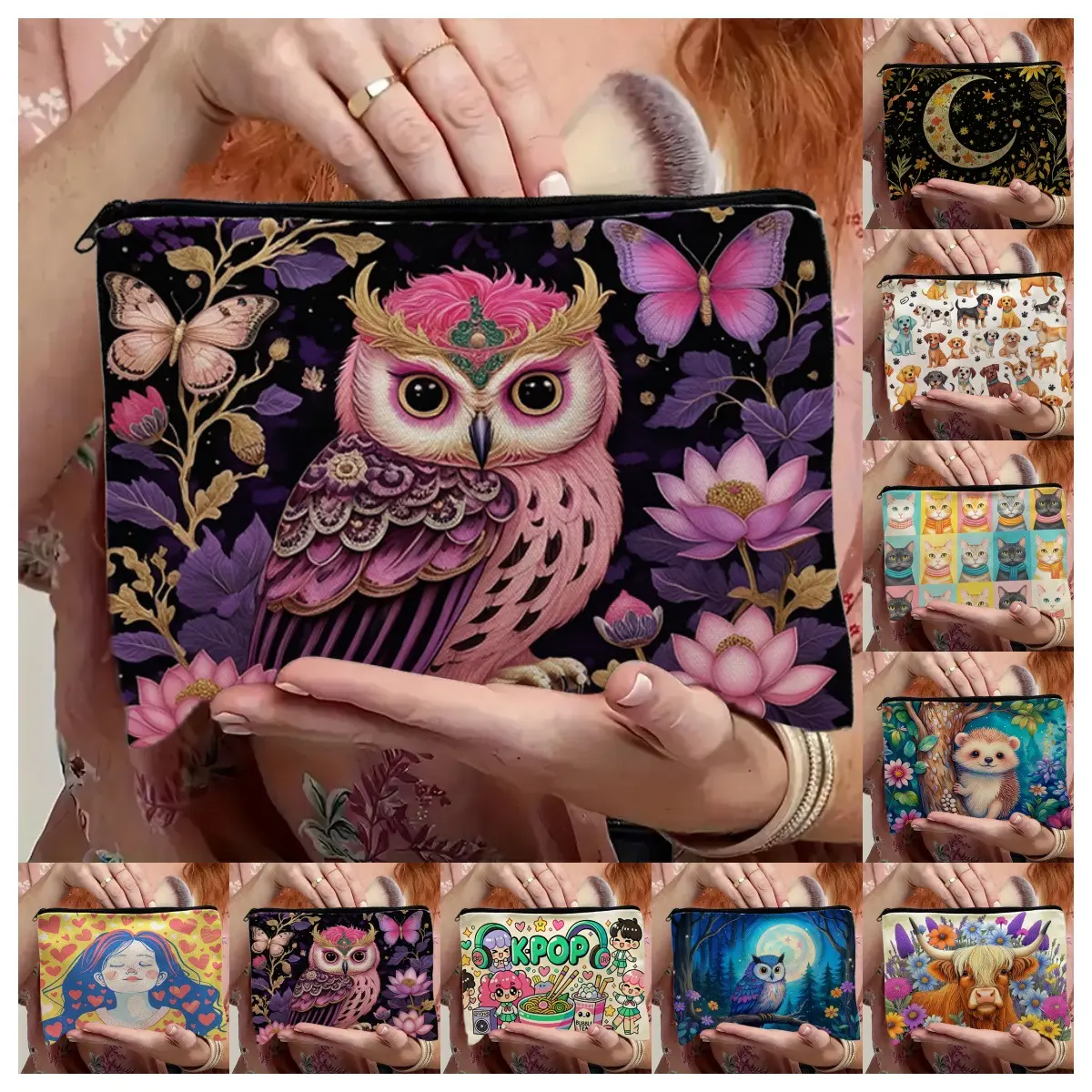 Casual Canvas Zipper Purse Pouch with Romantic Animals Print - Organizer for Cosmetics & Stationery, Anniversary Gift Idea, Purse Pouches, Casual Zipper Purse