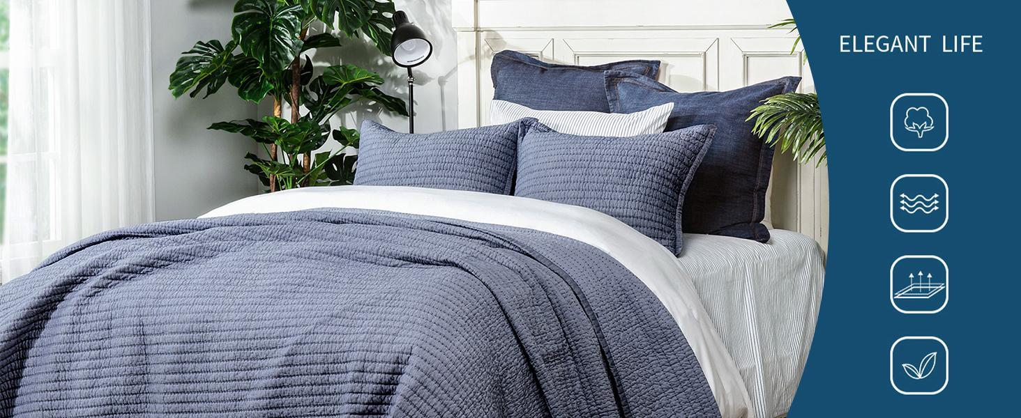 Cotton Yarn Dyed Chambray Cotton Fill - Lightweight Square Detailed Stitching Bedding, Queen Gray Color, 88" x 92"