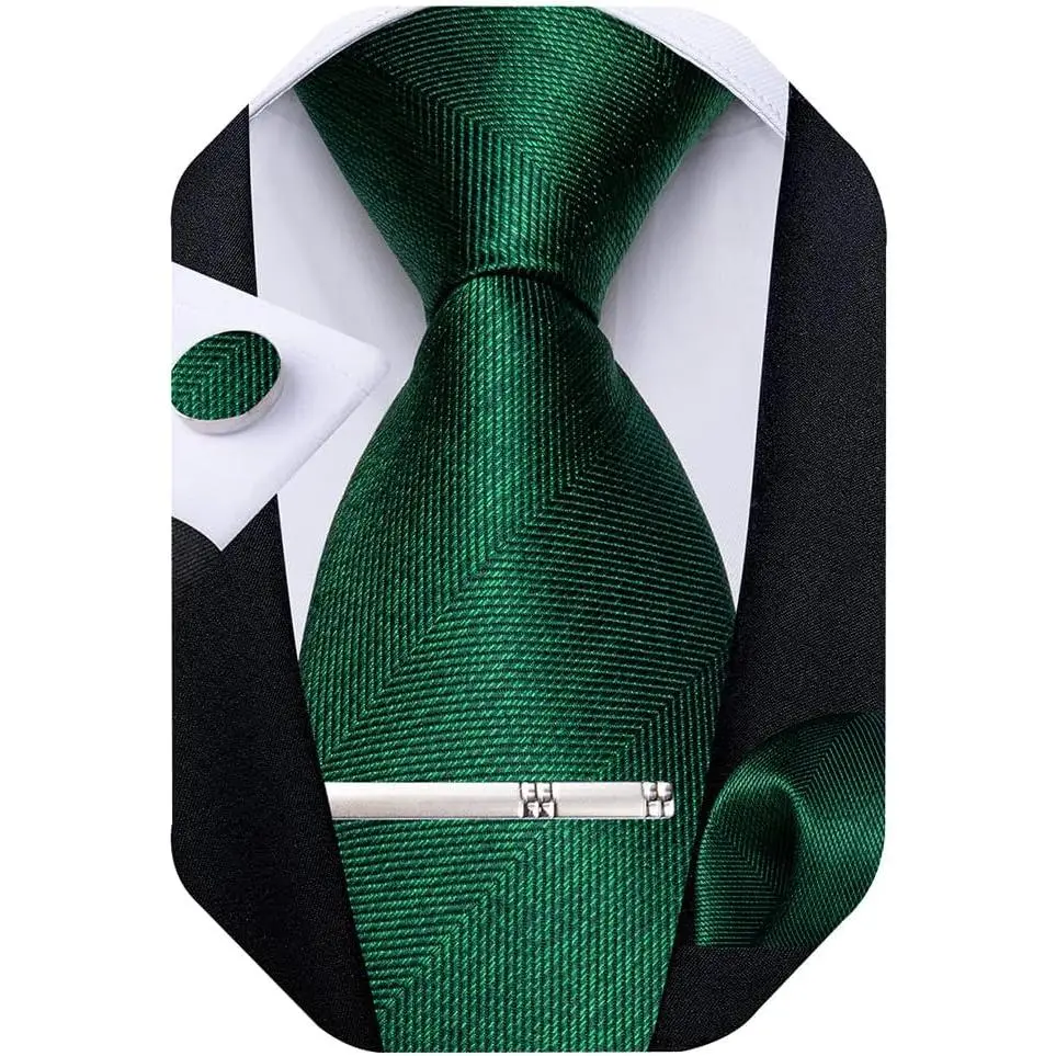 Mens Silk Necktie Solid Color Tie and Pocket Square Cufflink Tie Clip Set Woven Plain Ties for Men Wedding Party, Emerald