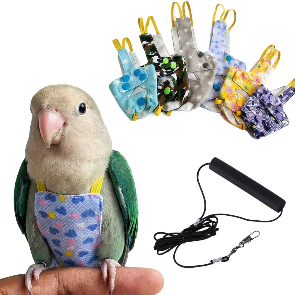 Bird Flight Harness Vest | Snap-Fastener Safety Vest | Flying Outfit with Rope & Handle | Suitable for Budgies, Cockatiels, Conures, Lovebirds (Yellow Flower – Vest + Traction Rope)