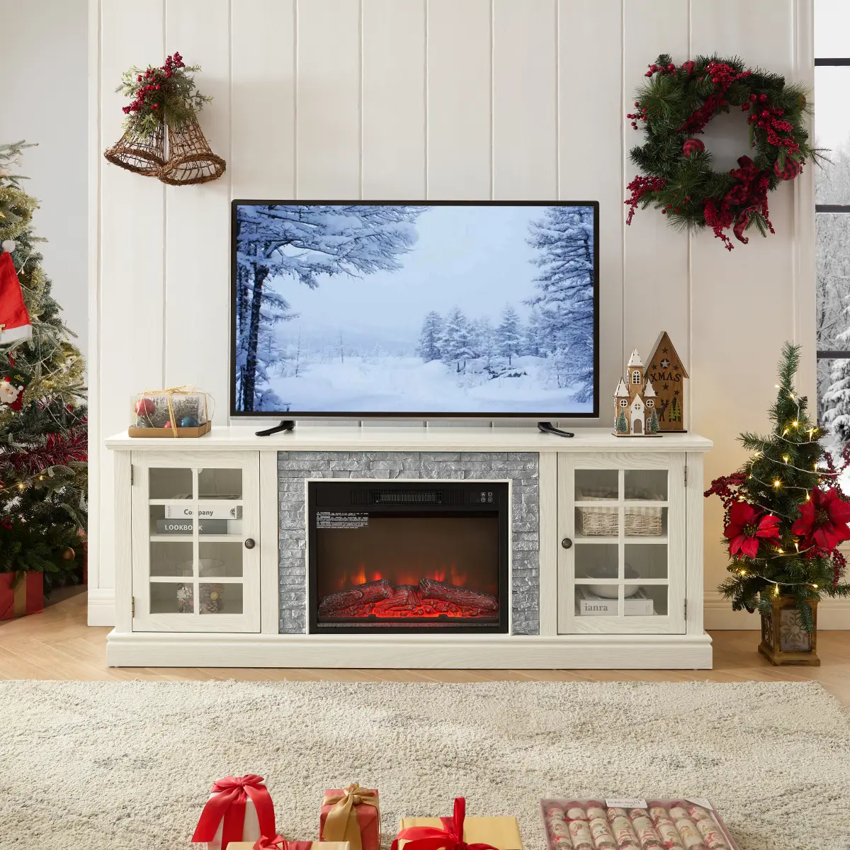 70" Modern TV Stand with 2-Door Storage & 23" Electric Fireplace, Faux Stone Media Console Cabinet, White Large Entertainment Center for Living Room