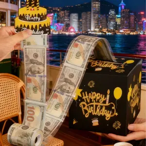 Premium Creative Birthday Surprise Money Pull Gift Set, Gold Foil Glitter Cash Box, Fun Unique Gift for Teens Adults Family Friends