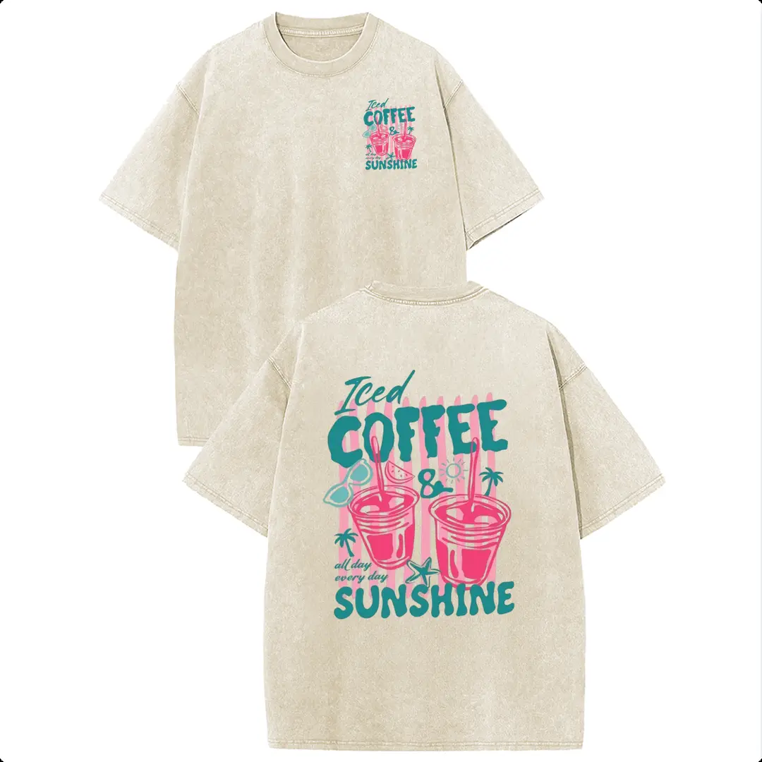 Holafish Men's Retro Iced Coffee & Sunshine Double-Sided Line Art Print Washed T-Shirt, Classic Streetwear Top, Personalized Vintage Minimalist Loose Casual Short-Sleeve Tee, 2026 New Color Summervibes Deals, Shortsleeve