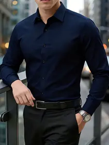 Men's Long Sleeve Business Shirt, Slim Fit, Quick-Dry Woven Fabric, Medium Thickness, All Seasons, Casual Style