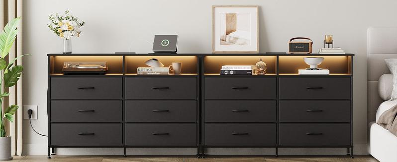 6 Drawer Dresser for Bedroom with LED Lights and Charging Station, Modern Wood Dressers with Extra Side Bag, Double Wide Drawer Cabinet TV Stand for up to 60" TV for Living Room (Black)