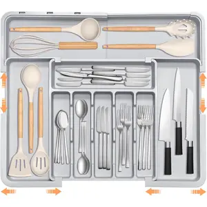 Silverware Organizer Expandable Kitchen Drawer Organizer Adjustable 22"x 19" Utensil Organizer with Rubber Feets Cutlery Drawer Organizer for Spoons Forks Knives Kitchen Organizers and Storage Grey