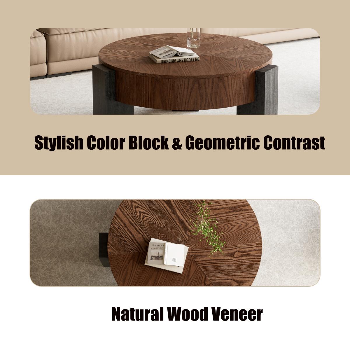 33'' Round Coffee Table with Hidden Storage, Modern Wabi-Sabi Wood Parquet Veneer Top Table, 3 Block Legs Sturdy Center Accent Table for Living Room, Small Space