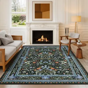 Machine Washable Floral Living Room Rugs, Indoor Vintage Oriental Bedroom Rug with Non Slip Back Low Pile Ultra Thin Retro Accent Under Table Carpet for Dining Room Office