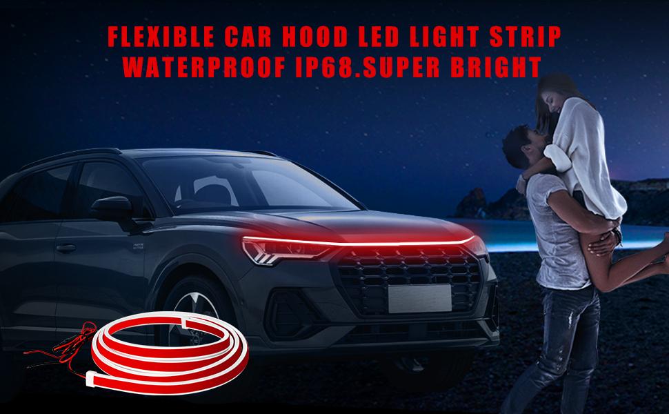 Bright Led Hood Light Strip Exterior Car Led Strip Light Waterproof Flexible DRL Dynamic Scan Start Up Hoodbeam Kit Daytime Running Lights for Car,Truck,SUV,12V 59inch,Red,1 Set