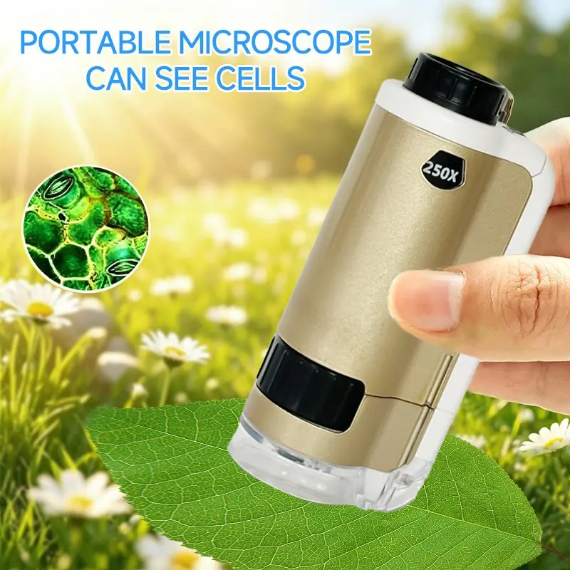 Handheld Kids Microscope 100-250x Zoom, Aluminum Alloy, Soft LED Lighting, Outdoor Exploration, Stem Science Toy, Ages 6+, Gift Idea