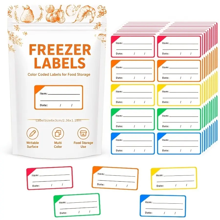 100 Colorful Freezer Food Labels, Writeable Kitchen Stickers for Meal Prep, Refrigerator Organization, Storage Cabinets, Freezer Bags