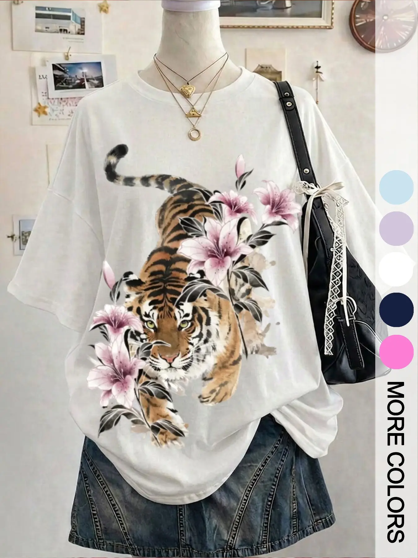 Women's Loose-Fit Tiger Lily Print T-Shirt, Summer New Style Casual Top, Oversized Comfortable Cotton Fabric, Retro National Wind Pattern