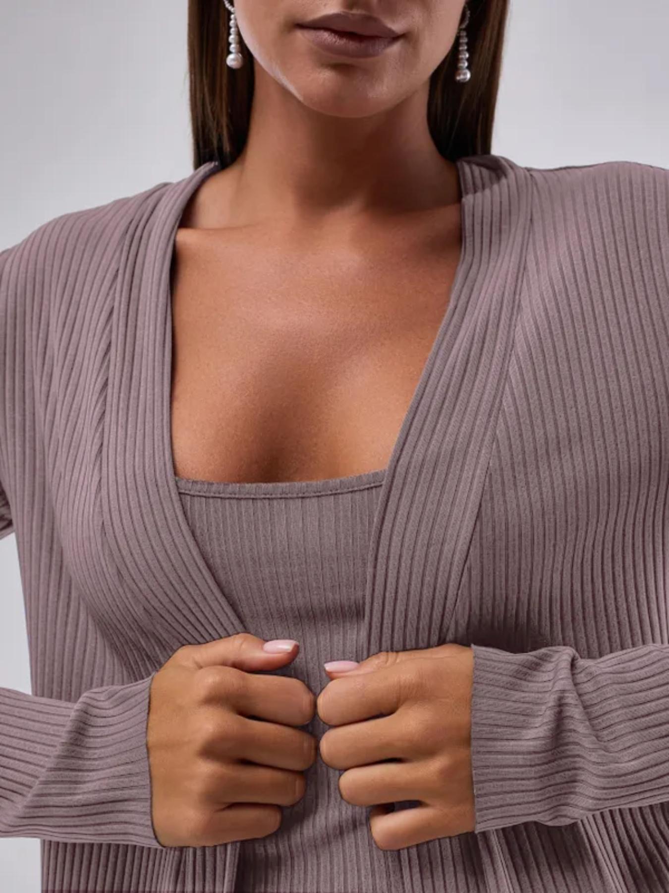 Women's Elegant Minimalist Knit Cami Dress Set, Soft Comfortable Ribbed Sleepwear for Home Use, Perfect for Everyday Wear