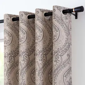 Damask Curtains Grey Curtains Paisley Medallion Print for Bedroom Living Room Darkening Drapes  Linen Textured 96 Inch Window  2 Panels Grey  Beige