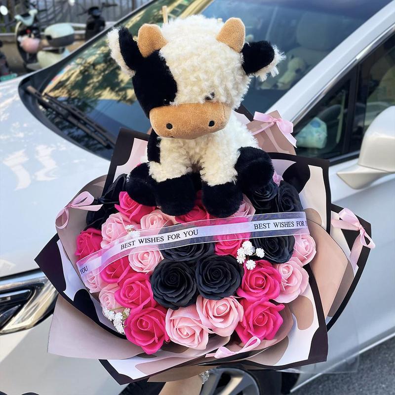 34 DIY Rose Artificial Flowers Cow Plush Doll Bouquet, Artificial Roses Bouquet, Unique Handmade Gift for Special Occasions, Beautiful Decorative Floral Arrangement