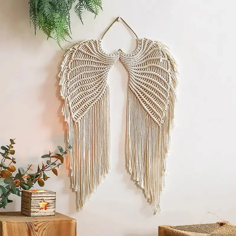 Macrame Wall Hanging, Bohemian Angel Wings Woven Cotton Rope Tapestry, Handcrafted Fringe Art, Room Decor for Bedroom and Living Room