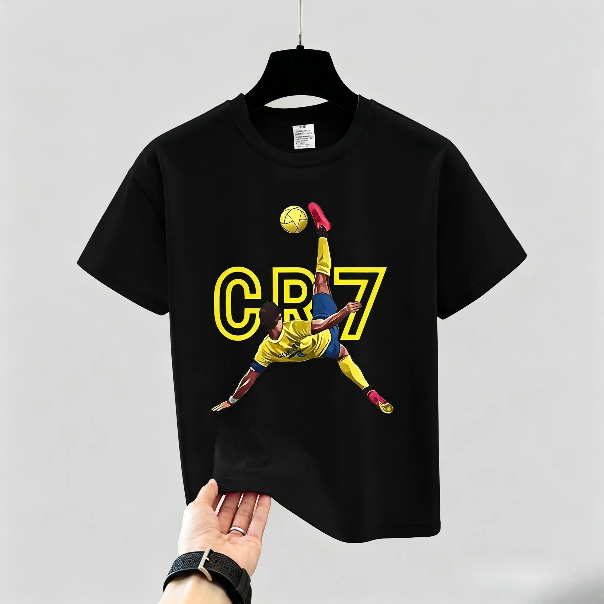 Boys' Crew Neck Short-Sleeve Graphic Print Tee - Bold CR7 Soccer Print, Polyester Slightly Elastic Fabric, Retro Medium Cut, Short Sleeves Keep Arms Free, for Under 12 Youngsters # high-quality cotton casual top# versatile short sleeve