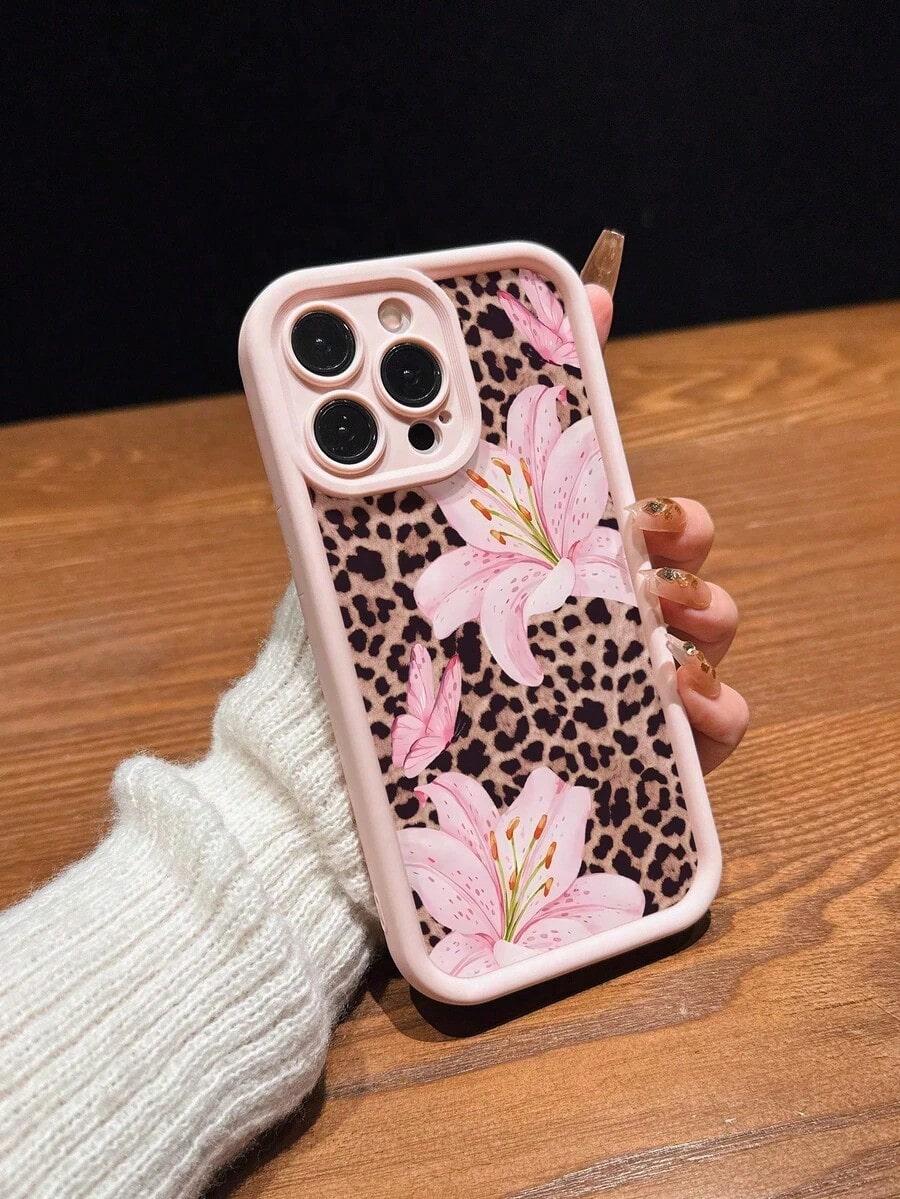 Cute Pink Lily Flower & Leopard Print Case for iPhone 17 Pro Max 16 16e 15 14 Plus 13 12 Mini 11 Air X XS Pattern Soft TPU Rubber Camera Protection Rugged Mobile Phone Cover Gift 2D printing Cellphone Protective
