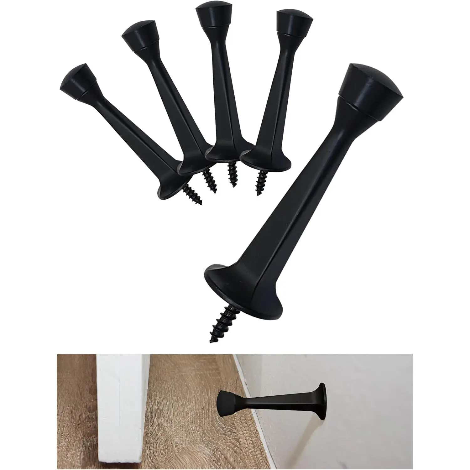 reatim T-DS-2 3 inch Heavy Duty Solid Riid Door Stop, Zinc  Cast Door Stopper, Soft Bumper Tips, Zinc Alloy, Black, 5 Pack