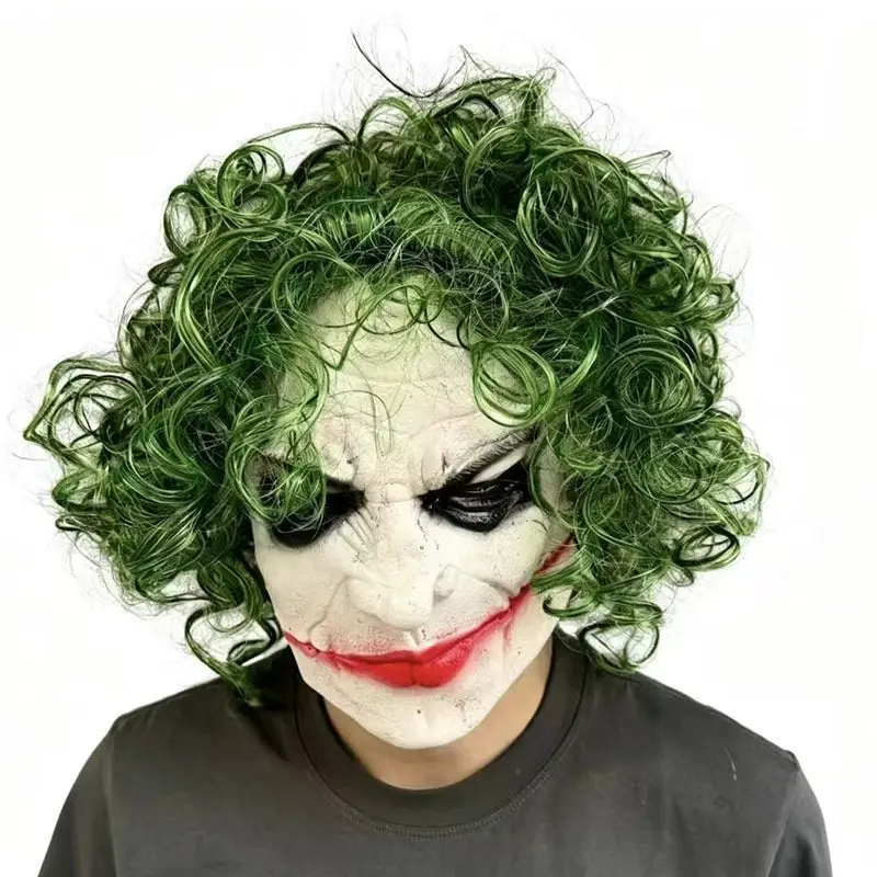 1pc Scary Clown Mask with Green Curly Hair, Full Face Latex Horror Mask for Halloween Cosplay & Costume Parties