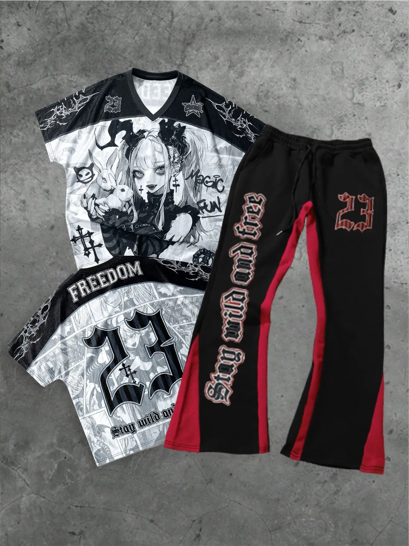 Men's 2-Piece Set, Gothic Anime Girl Print Top with Magic Run Freedom Slogan, Bell Bottoms, Casual Fall & Winter Style, Menswear Fashion Clothes