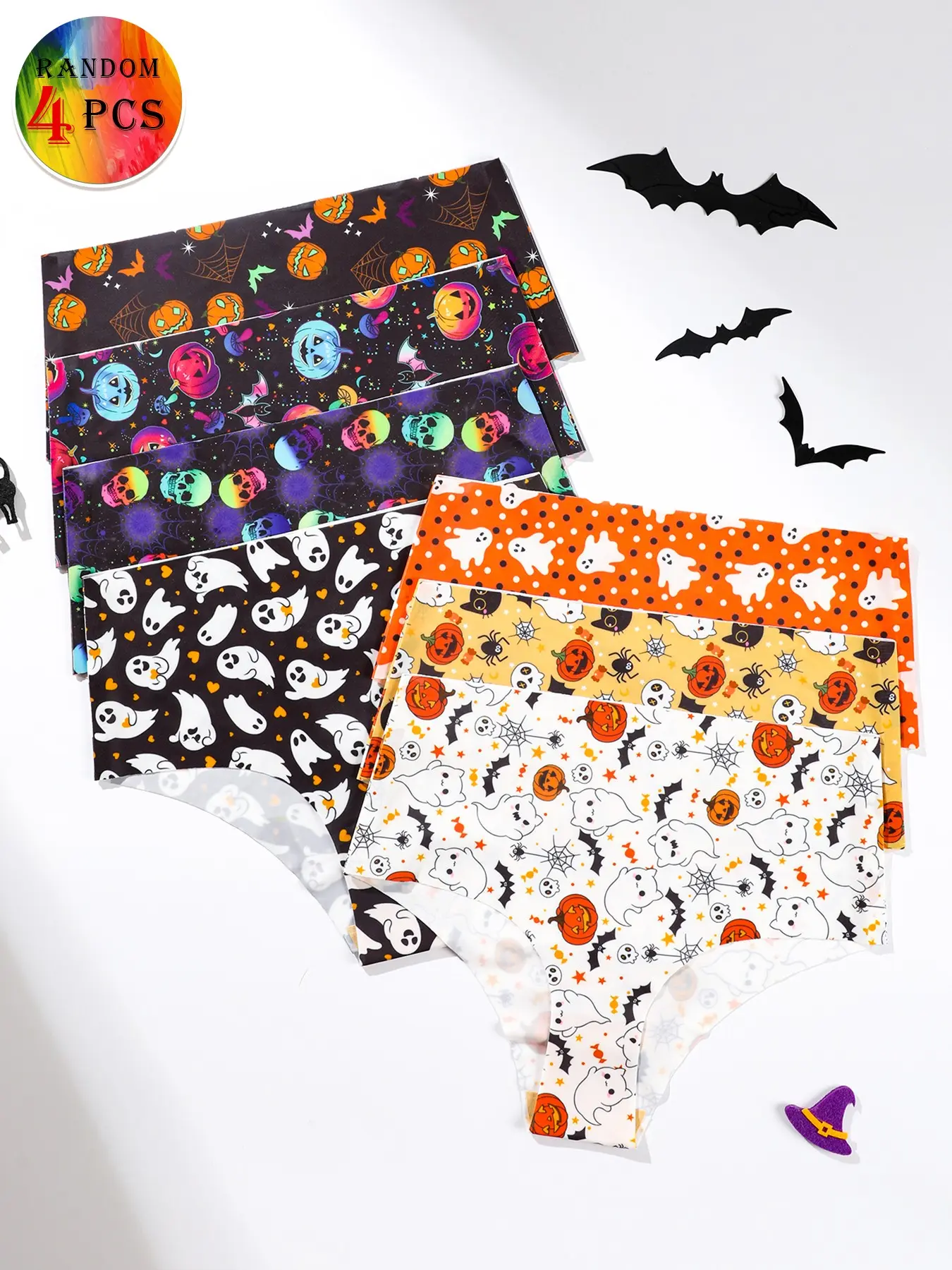 Random 4-Pack Halloween Print Women's Briefs, Pumpkin Skull Ghost Slim-Fit Seamless Comfortable Sexy Triangle Panties