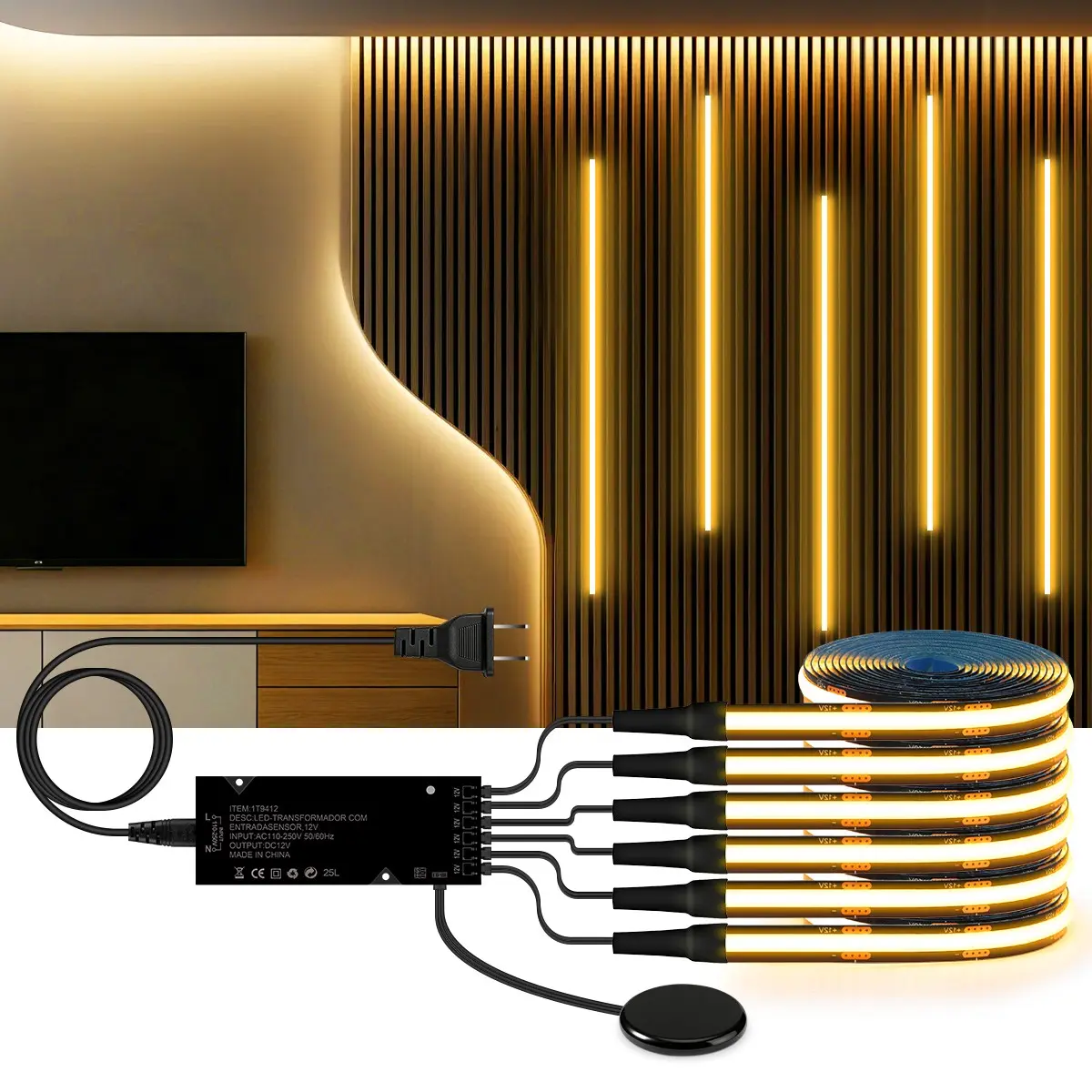 Walnut Wood Acoustic Wall Panel LED Strip Pcb COB Kit, Touch Dimmable, Warm, Us Plug, for Cabinet TV Backlight Decor, Led Decoration