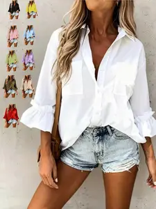 Spring Summer New Basic Solid Color Shirt, Casual Long Sleeve Button-Up Blouse, Smooth 7/8 Sleeve, Vacation Wear, Work Formal, Daily, Party Fashion Top