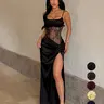 Sexy Lace Panel Cami Dress with High Slit, Backless Design, Feminine Style, Perfect for Parties & Special Occasions, Formal Wear, Women's Elegant Fashion Dress