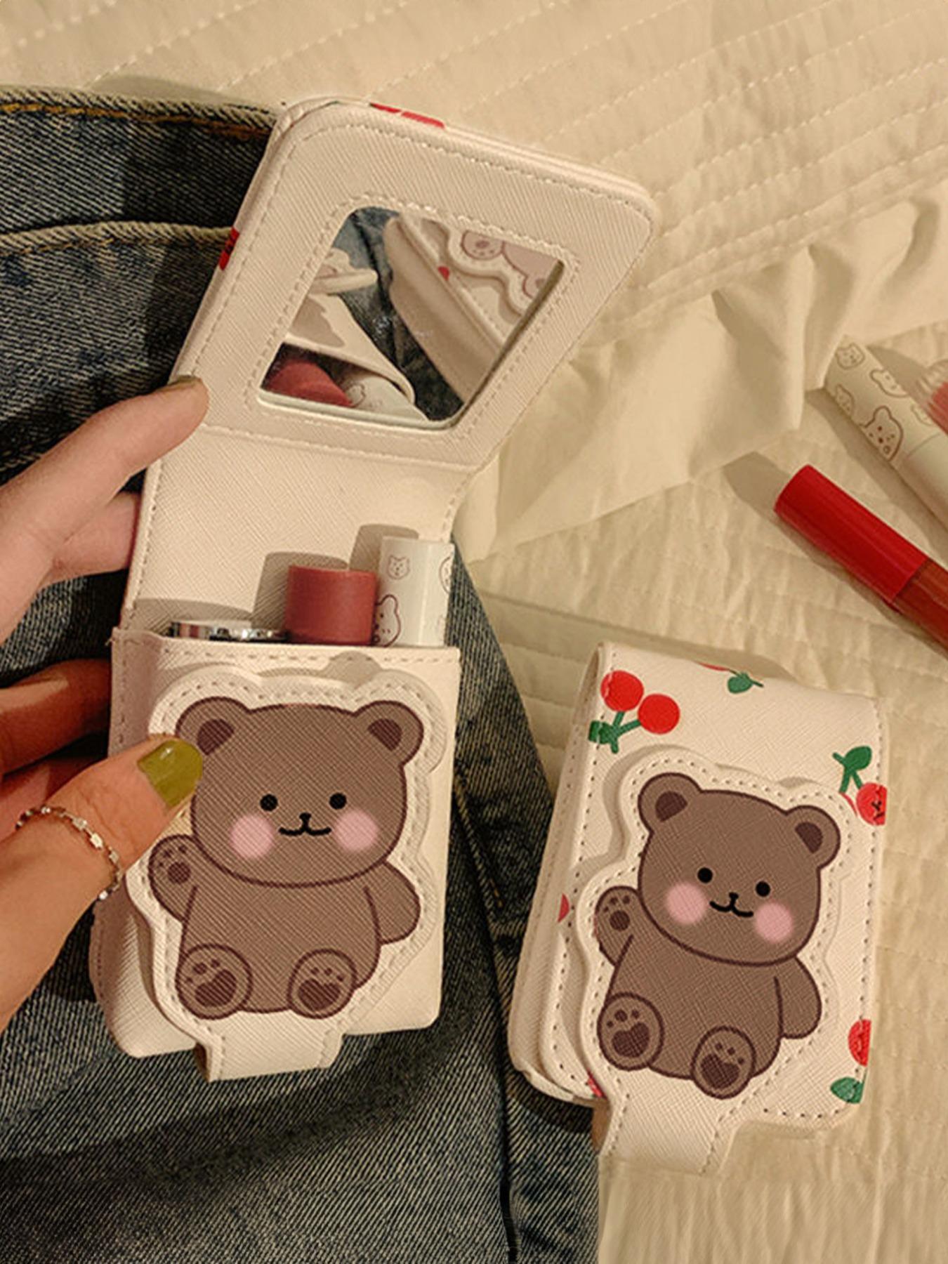Father's Day Gifts, Cute Cartoon Bear & Cherry Pattern Makeup Bag with Mirror, Back To School, Portable Travel Makeup Bag, Cosmetic Storage Bag, Makeup Organizer Pouch for Women & Girls,