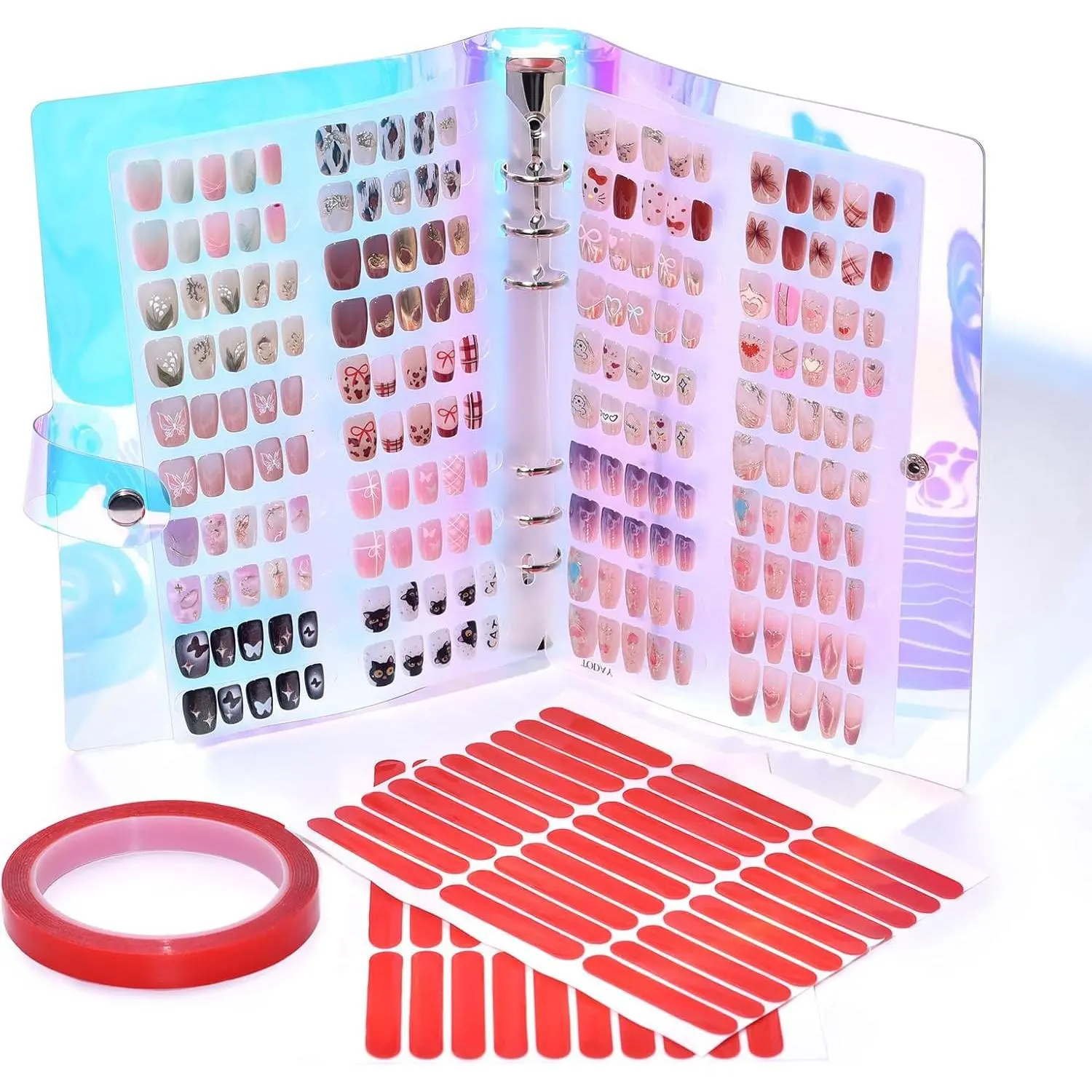 Holographic Press-On Nails Organizer Book - Home Organizer with 2 Double-Sided 8.35”×5.83" Pages, 60 Precision-Cut Strips, 3m Adhesive Roll, Adhesive Kit for Nail Artists & DIY Enthusiasts
