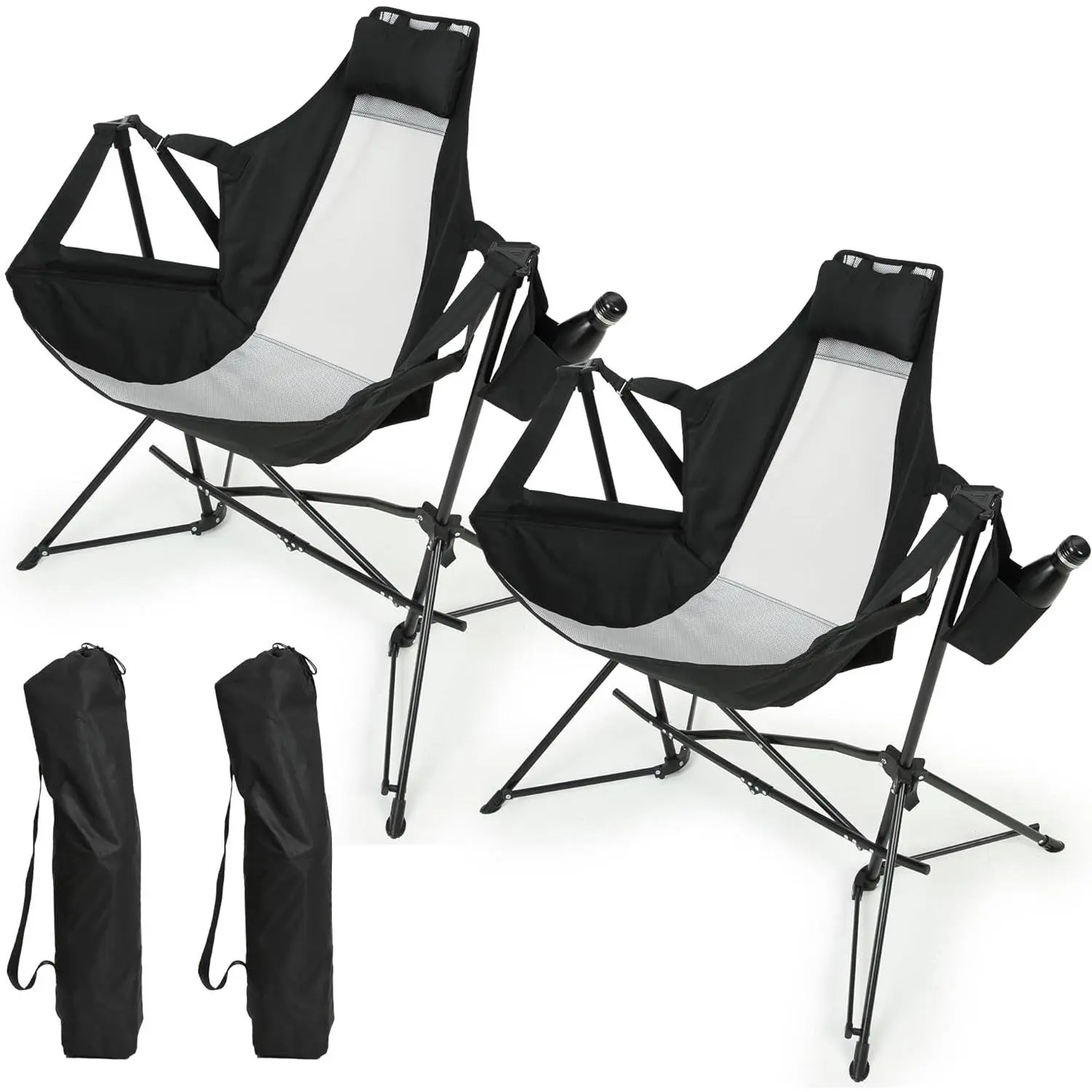 ARCH Folding Hammock Camping Chair with Pillow Cup Holder, Portable Rocking Chair for Outdoor Travel Lawn Backyard, Aluminum Alloy Adjustable Back Swinging Chair, Black Steel Frame, 2-Pack, Black Color Options, Steel Material, Product Dimensions: