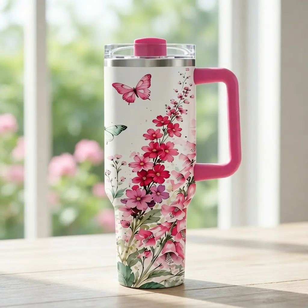 Women's 40oz Sturdy Portable Insulated Stainless Steel Printed Tumbler 1 pcs- Blush Pink Wildflower, Butterfly, Botanical Print, With Handle, Lid & Straw, Vacuum Flask Preservation Travel Coffee Mug For Travel, Office, Gift, Wildflowers