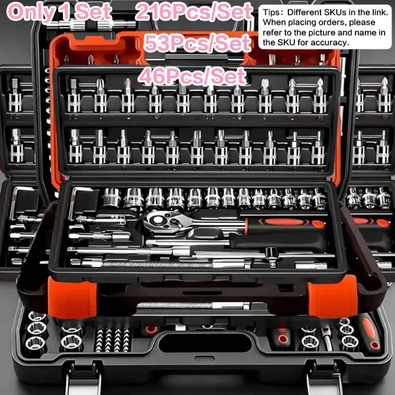 46-Piece Car Repair Tool Set, Mechanics Tool Set, Toolset, Multi-Functional Socket Wrench Ratchet Kit, Durable Metal Toolbox with Storage Box, DIY Auto Maintenance Tools