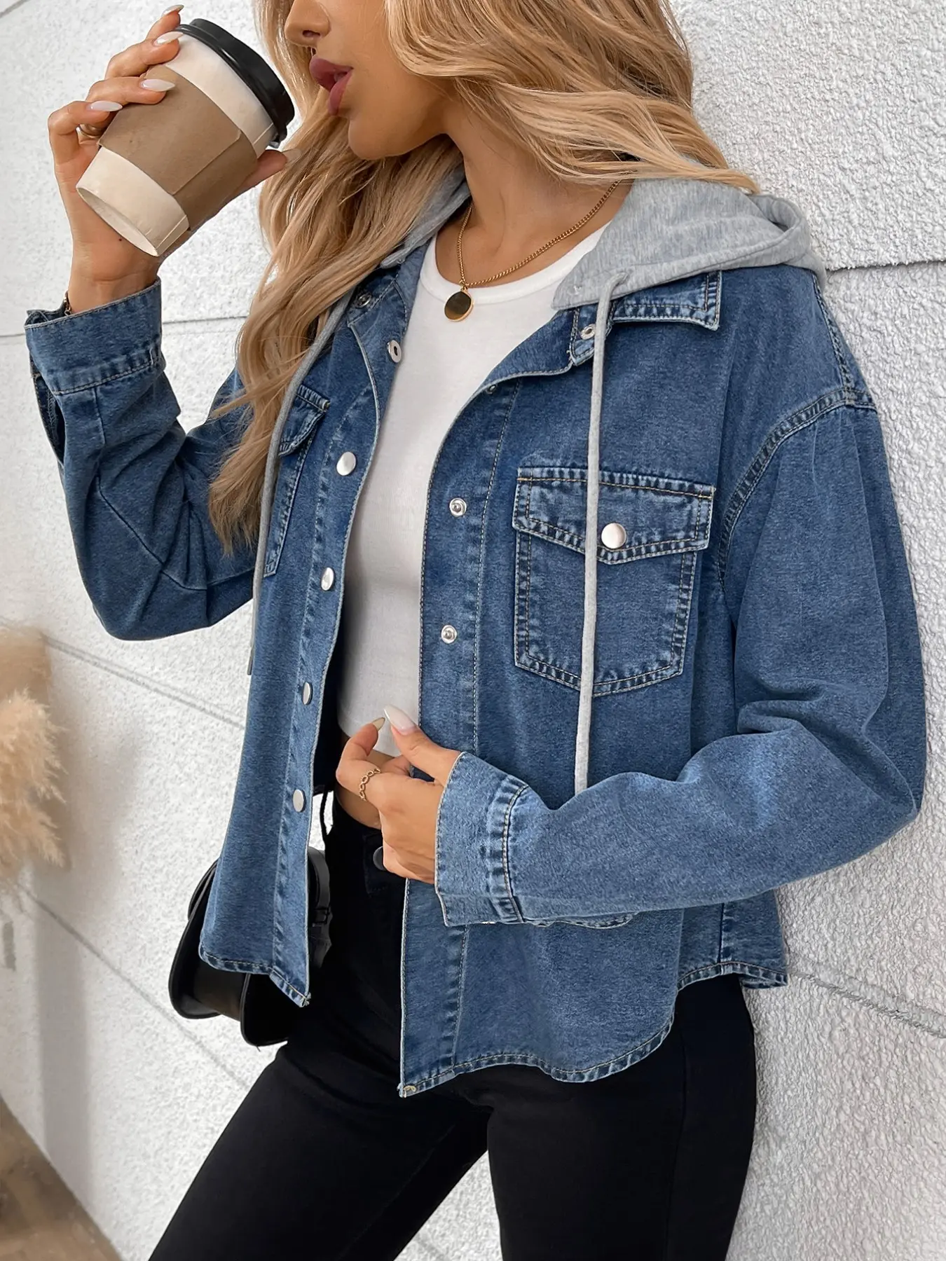 Plus Size Women's Lapel Long Sleeve Denim Jacket, Detachable Drawstring Hood, Chest Pocket, Button Front, Loose Fit Casual Outerwear Coats