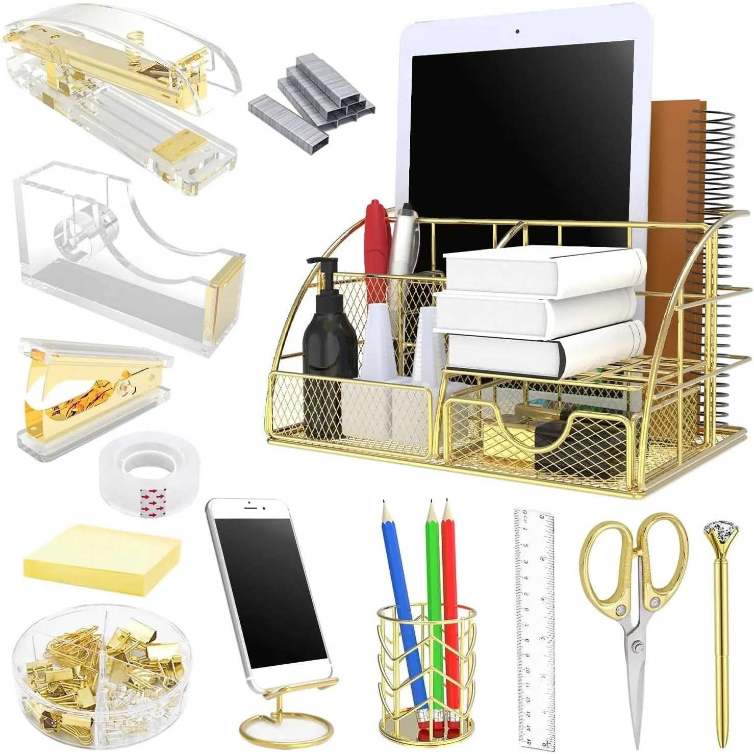 Gold 13-Piece Office Desk Organizer Set with Acrylic Stapler, Staple Remover, Clips, Scissors, Phone Holder, Pen, and Pen HolderGift