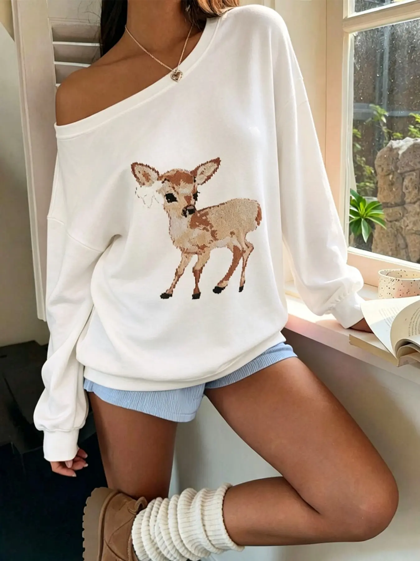 Women's Asymmetrical Neck Sweatshirt, Cute Deer Print, Streetwear, Hip Hop, Dance, Motorcycle, Campus, Youth, Holiday, Casual Fashion