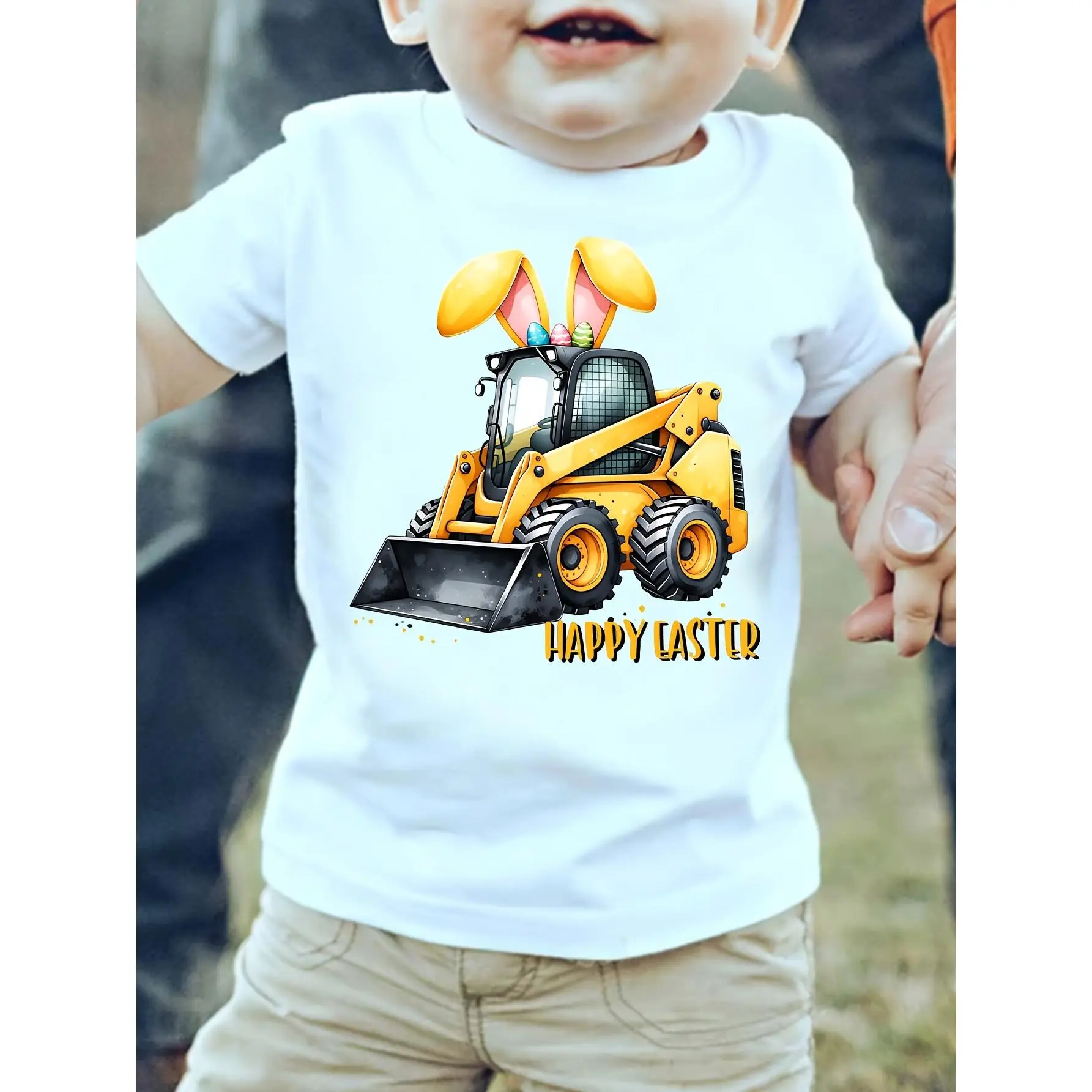 Easter Boy Excavator Bunny Ears and Easter Egg Slogan Print Playful Vibrant Personality Casual T-Shirt