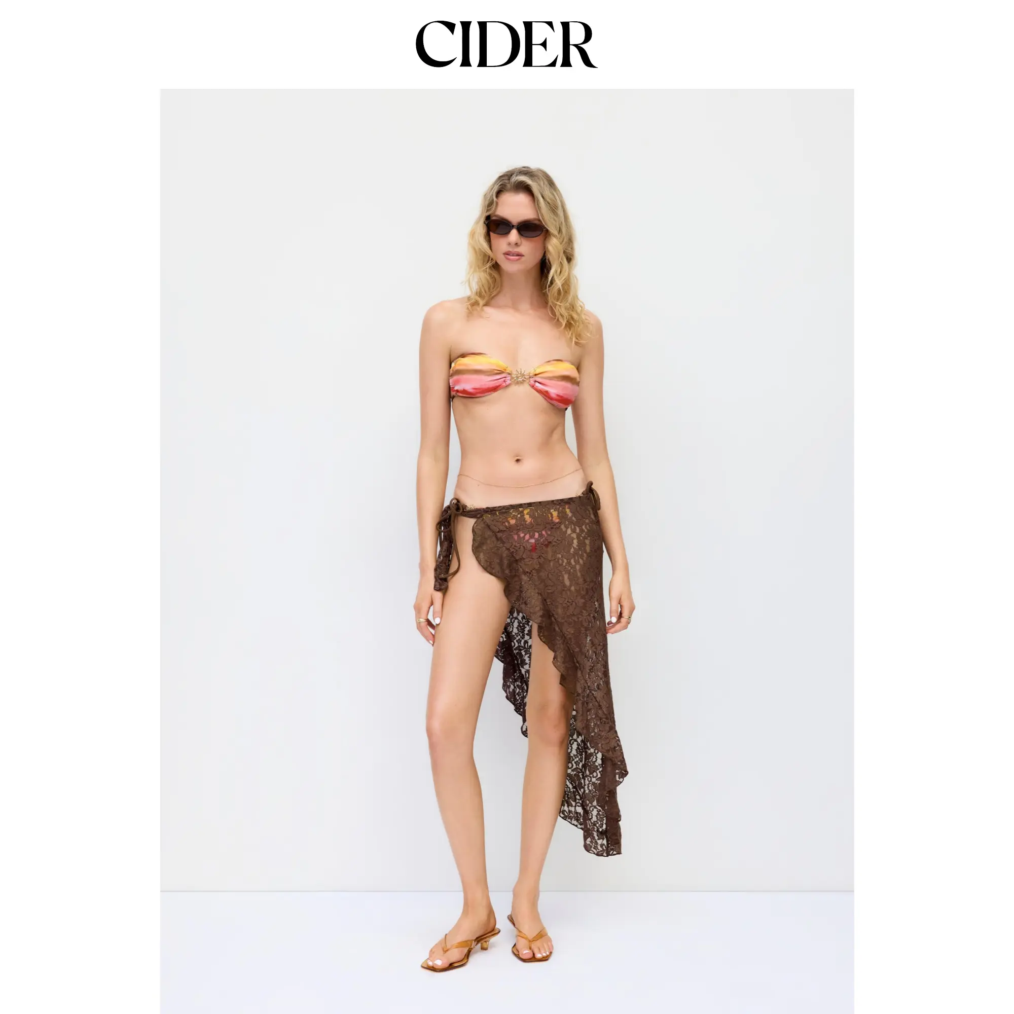 Cider Sun Charm Tie-Dye Tie Side Bikini Set with Lace Sarong