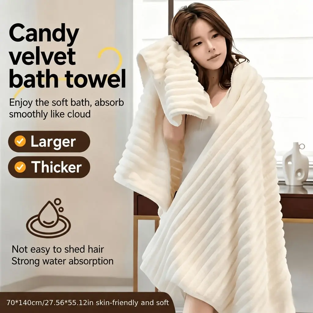 Coral Fleece Bath Towel, Absorbent Thickened Towels Thick Quick-Dry High Absorbency Couple Beach Towel, 55.12 X 27.56 Inches, Home Bathroom Dual Use