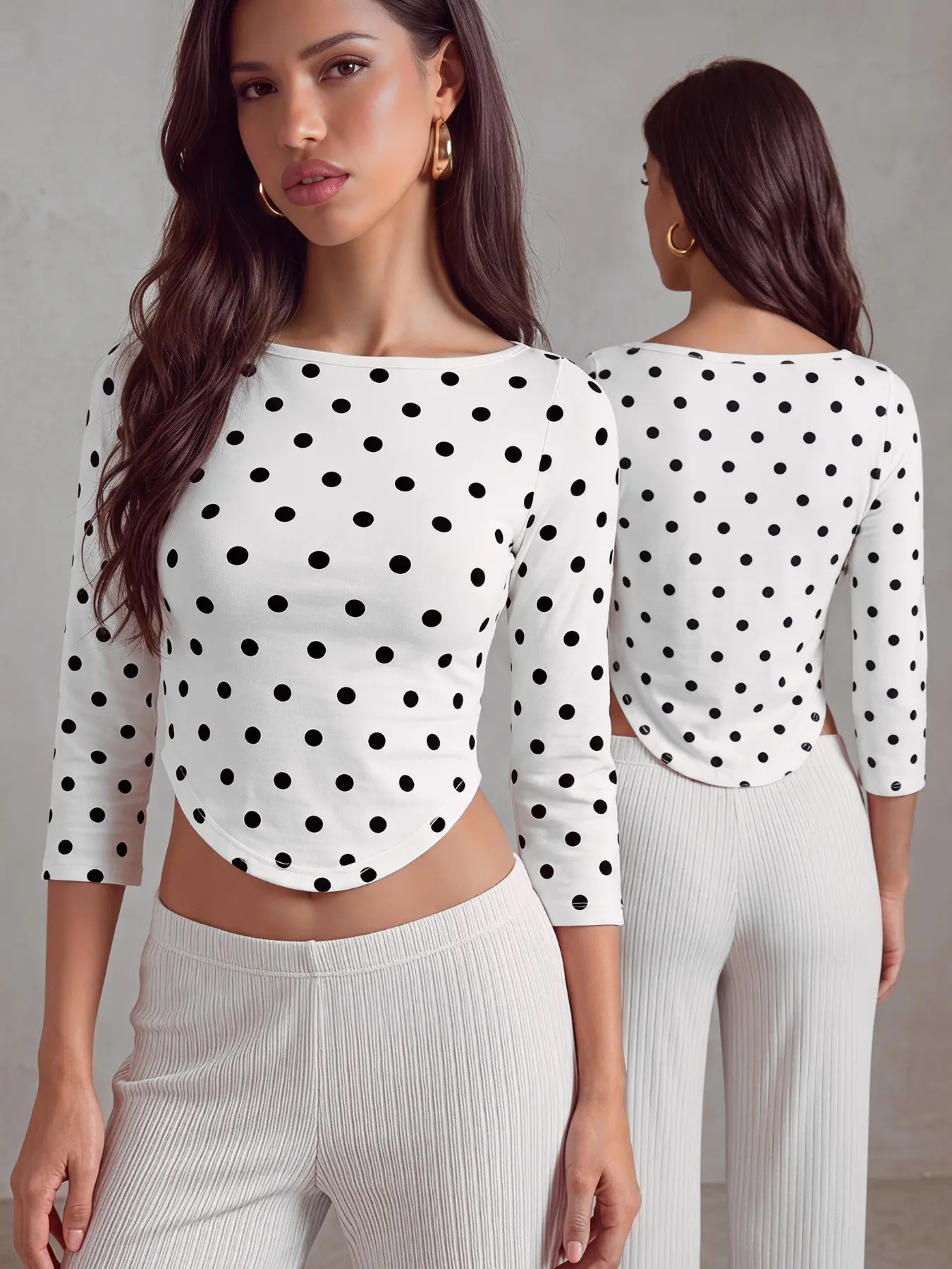 This white polka dot boat neck top with three-quarter sleeves adopts curved hem to highlight waistline. Classic polka dot design is retro and timeless, soft fabric brings cozy experience, slim fit is versatile for daily casual fashion outfits.