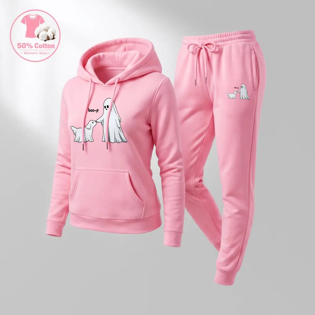 Women’s Cute Ghost Dog Graphic Hoodie And Sweatpants Set, Casual Pullover Hoodie With Matching Jogger Pants, Soft Two Piece Tracksuit Outfit For Women, Relaxed Fit Lounge Wear, Streetwear, Travel And Daily Fashion