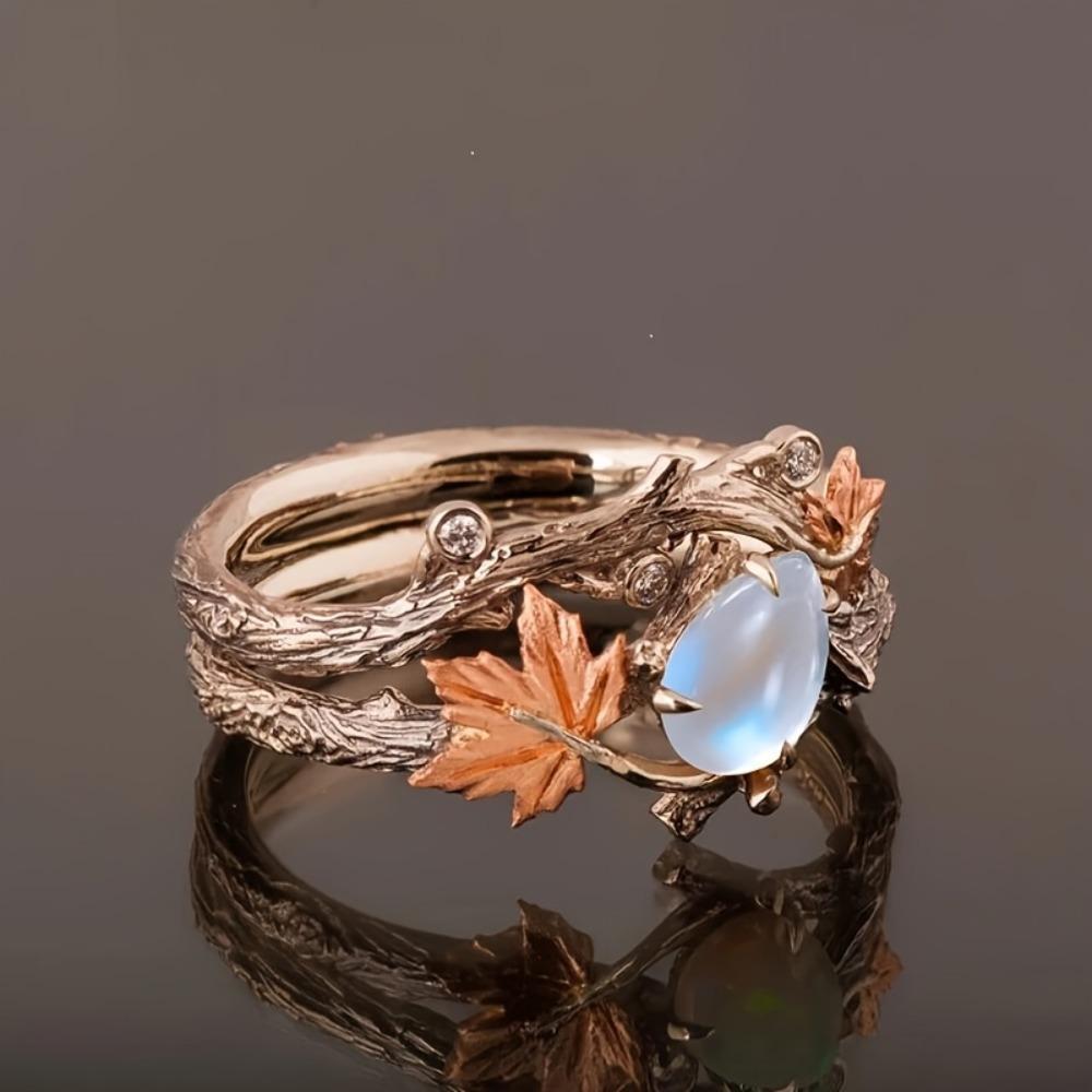 2-Piece Elegant Maple Leaf Statement Ring Set with Blue Stone Rose Golden Plating Vintage Quality Women’s Jewelry for Daily Wear Birthdays Valentine’s Day Christmas