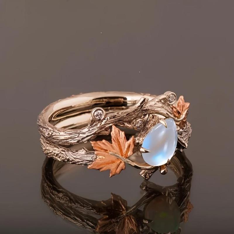 2-Piece Elegant Maple Leaf Statement Ring Set with Blue Stone Rose Golden Plating Vintage Quality Women’s Jewelry for Daily Wear Birthdays Valentine’s Day Christmas