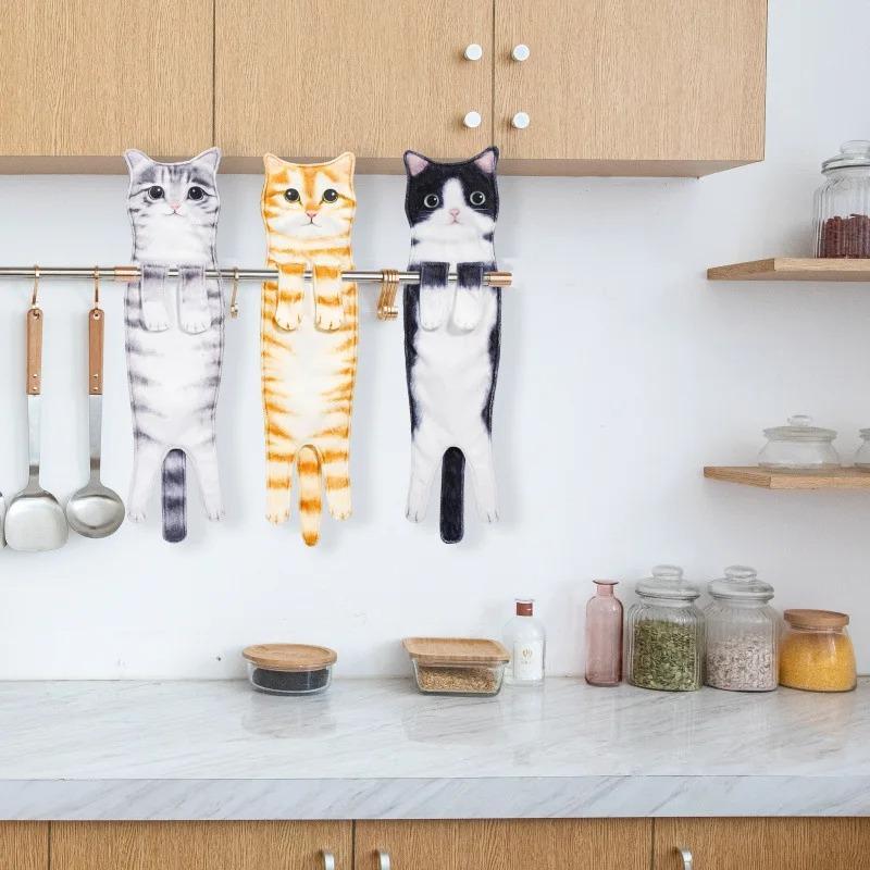 Funny Cat Hand Towels Kitchen Bathroom Hand Towel Quick Dry Soft Absorbent Microfiber Cat Shape Wipe Hands Towel For Cat Lovers
