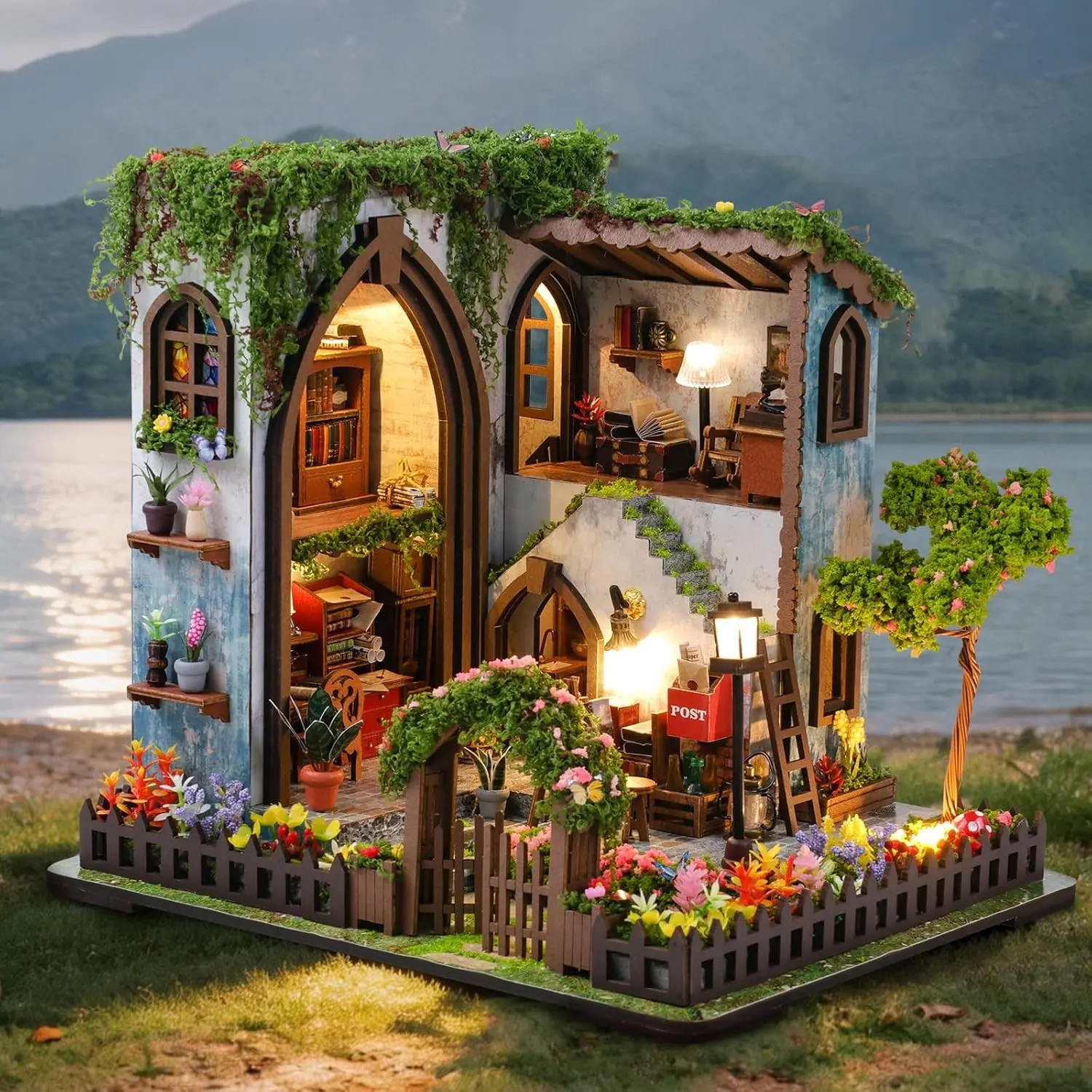 Miniature Dollhouse Kit, 3D Puzzle Wooden Book Stand, Adult and Teen Model Set, LED Light, DIY Mini Home Decor, Creative Gift, Wooden House Kit Adults