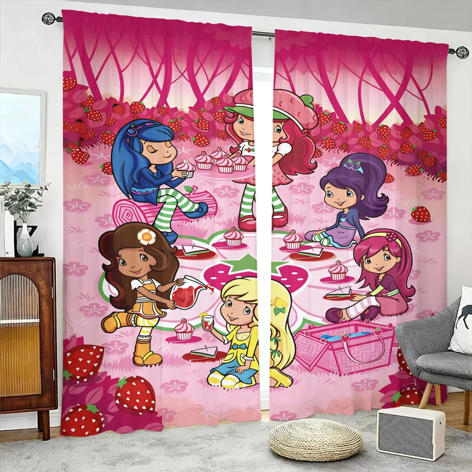Strawberry Shortcake Cartoon Semi-Sheer Light Filtering Curtains, Privacy Protection Soft Diffused Light Brushed Flannel Drapes, Pink Strawberry Girl Print Non-Blackout Rod Pocket Panels, Window Decor for Living Room, Girls Bedroom, Playroom