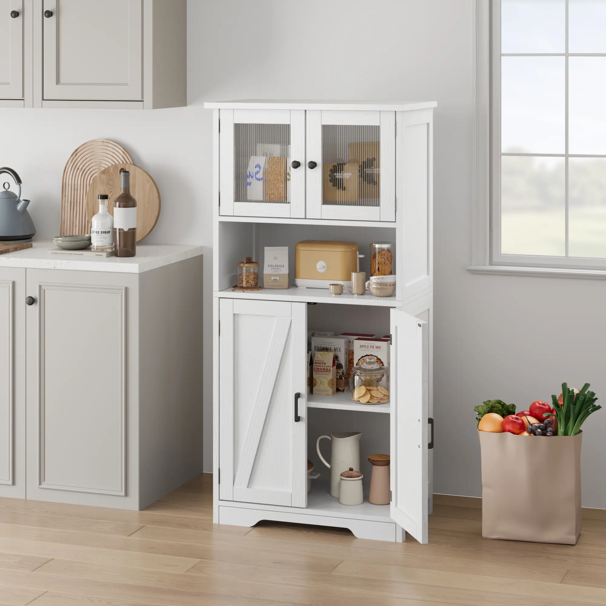 PB Board Storage Cabinet, 4 Doors with 1 Open Compartment, Freestanding Tall Cupboard with Adjustable Shelves, Storage Organizer for Kitchen, Pantry, Living Room